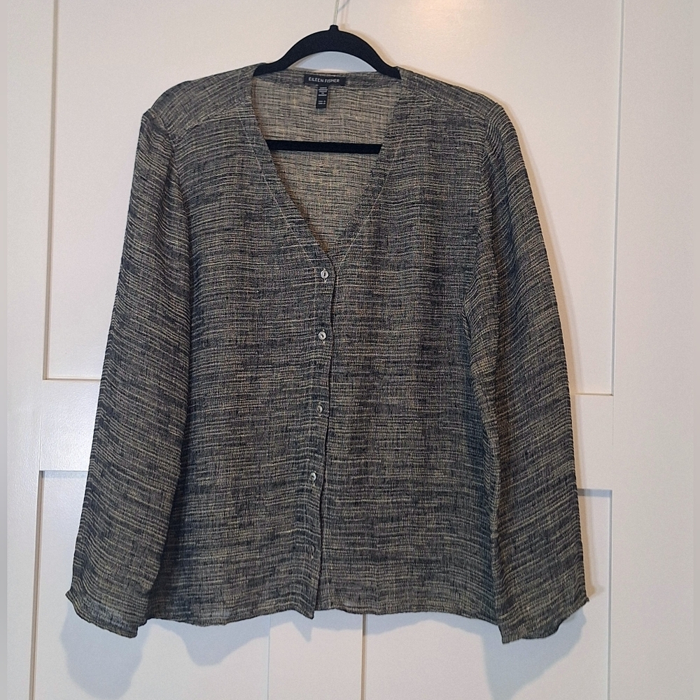 Eileen Fisher Organic Linen Blnd Gauze Strata Button Front V Neck Medium